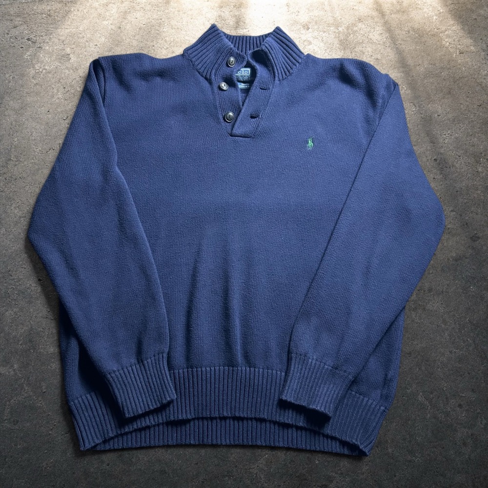 Polo Ralph Lauren Navy Blue Button Mock Neck Cotton Sweater XXL Baggy Y2K Retro